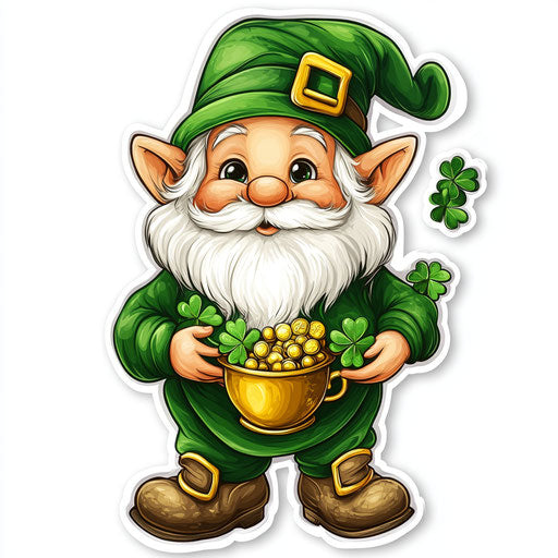 St. Patrick's Day gnome with pot of gold on white background