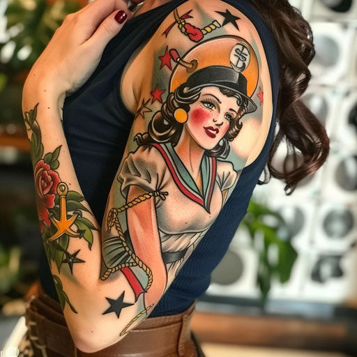 Classic sailor-themed half sleeve tattoo with pin-up girls and anchors