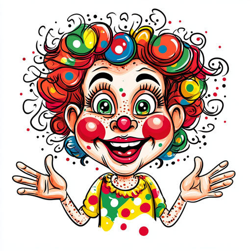 Humorous caricature of a logo clipart with exaggerated human characteristics, rosy cheeks, polka-dotted hands, vibrant colors, cartoon style, waving, high-resolution, no background, isolated