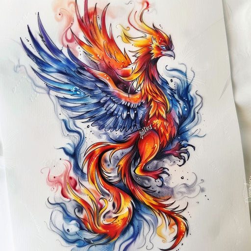 Merge of flame tattoo and phoenix in full color