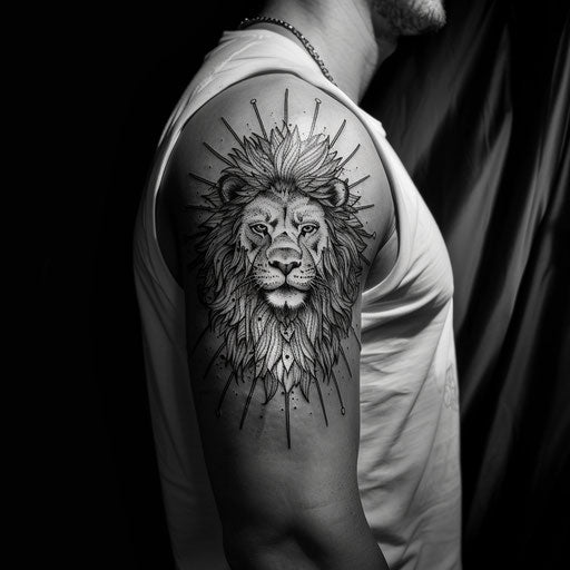 Men's Ami James style half-sleeve minimalist lion tattoo