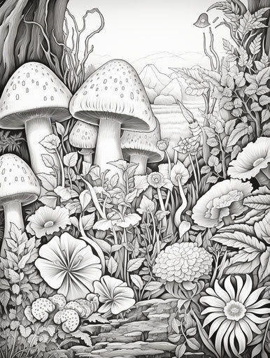 Detailed monochrome image of flowers and mushrooms