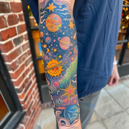Arm tattoo with cosmic and celestial themes