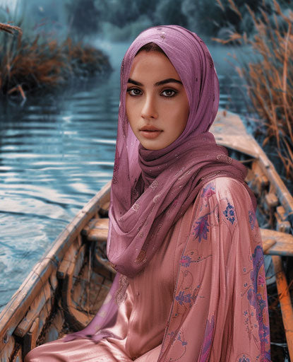 Beautiful Muslim woman on pink boat, Y2K style, purple and brown