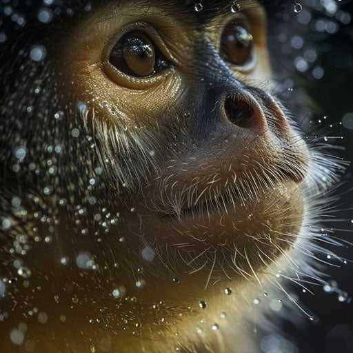 Yunnan snub-nosed monkey close-up at dawn with dewdrops
