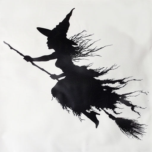 Eerie silhouette of a witch flying on a broomstick, dark tattoo artwork on a bright white canvas.