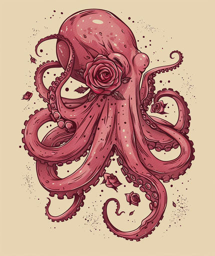 Octopus with rose, classic Japanese style, realistic seascapes