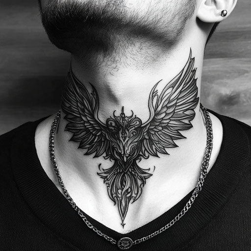 Throat tattoos for men with a dark angel and wings