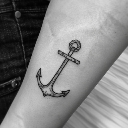 Small anchor tattoo symbolizing stability, in Ami James style
