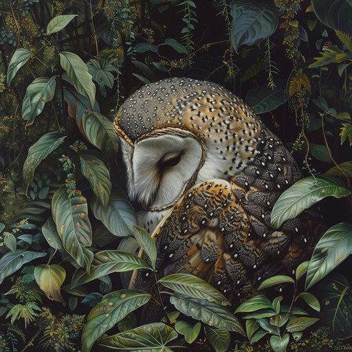 Spotted white owl preening in lush tropical forest