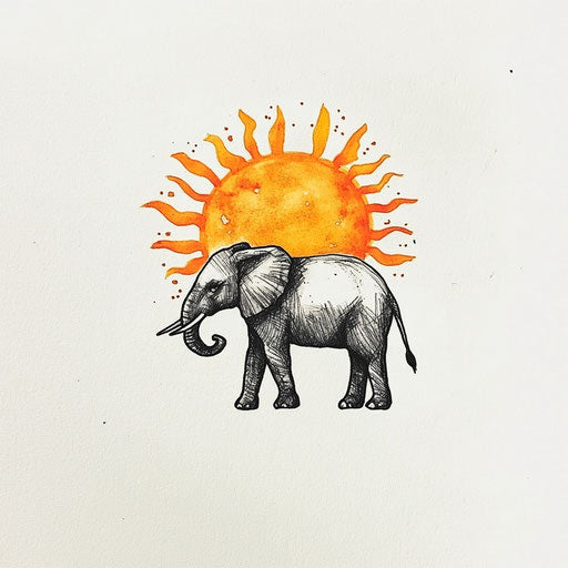Minimalist small elephant tattoo silhouette sun warm tones white background