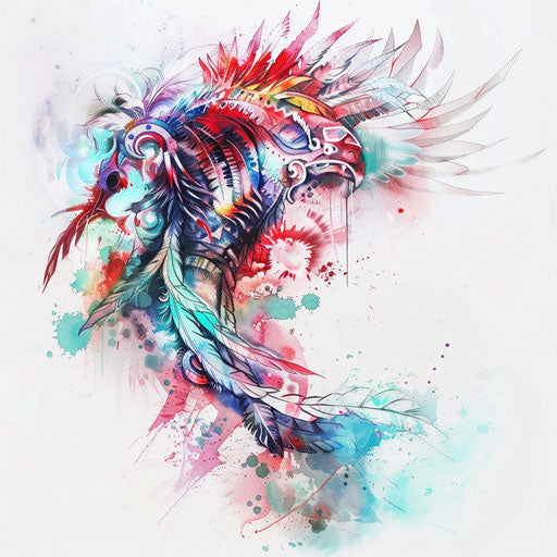 Ethereal Mayan spirit animal tattoo in soft pastels floating on white canvas