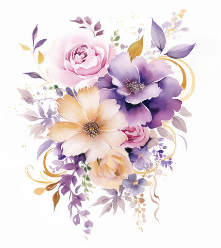 Pink and purple floral sketch, delicate watercolor