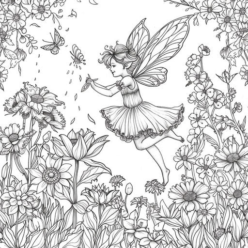 Fairy flying among flowers in a garden