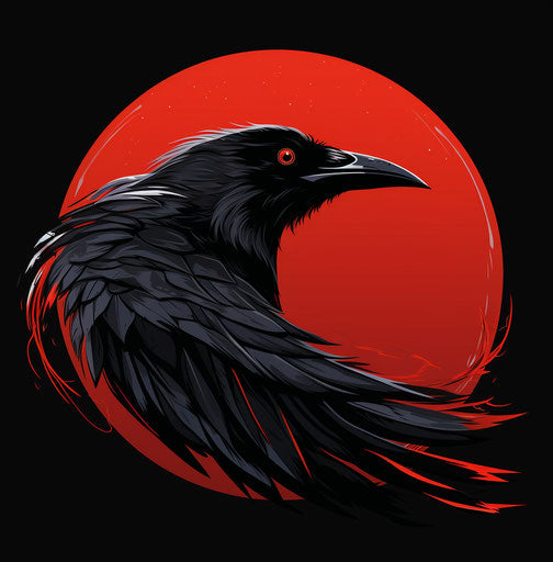 Black and red crow on a crescent, minimalistic design