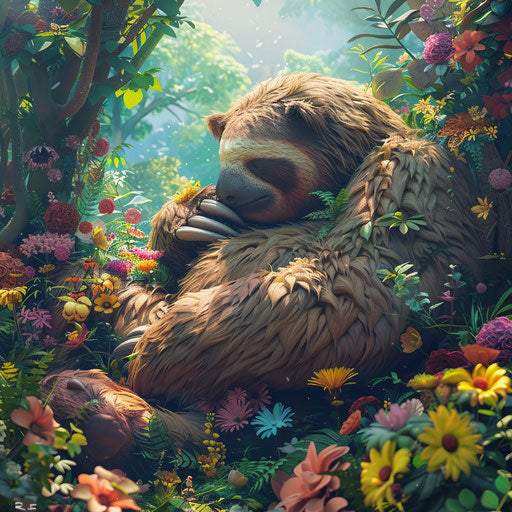 Giant sloth in a whimsical setting with playful details