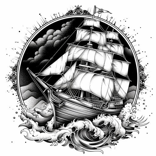 Old sailing ship with storm in dotwork tattoo