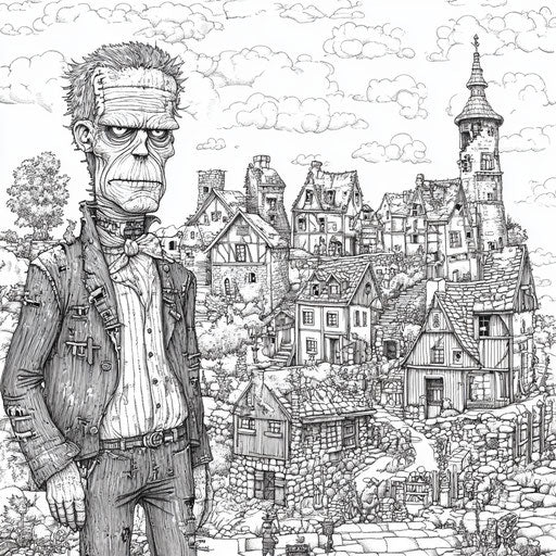 Vintage Frankenstein in an old European village, classic style