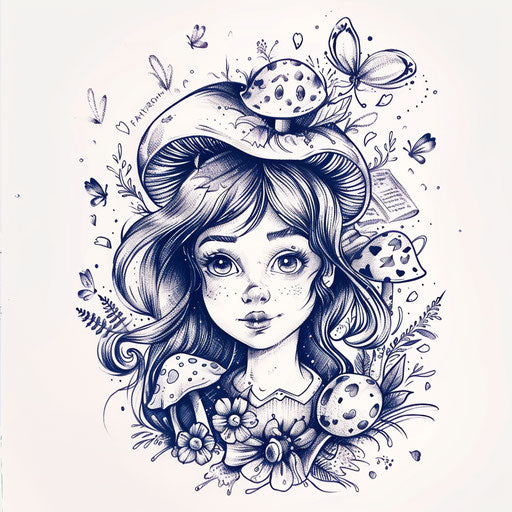Flat tattoo sketch clipart style fairy tale for a girly tattoo with storybook characters in whimsical styles