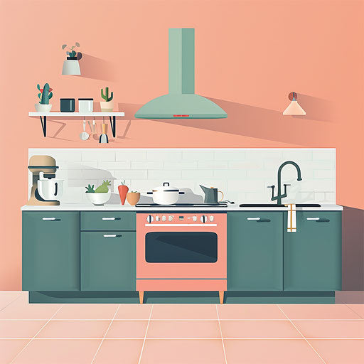 Realistic style kitchen clipart on flat pastel peach background