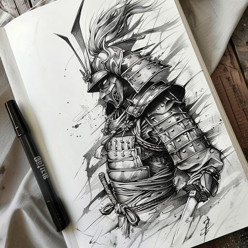 Elegant samurai warrior from classic anime, detailed tattoo sket