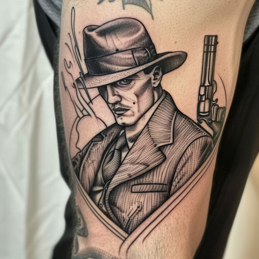 Gothic style tattoo of a 1920s gangster