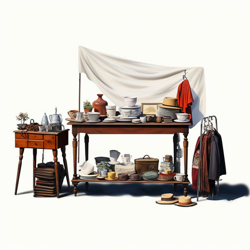 Yard sale clip art in the style of Chiaroscuro Art, on a white background