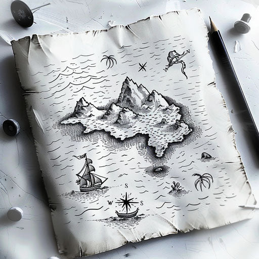 Treasure island with X mark, ocean waves tattoo design