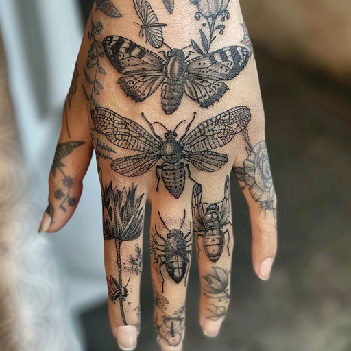 Detailed insect illustrations in finger tattoo style