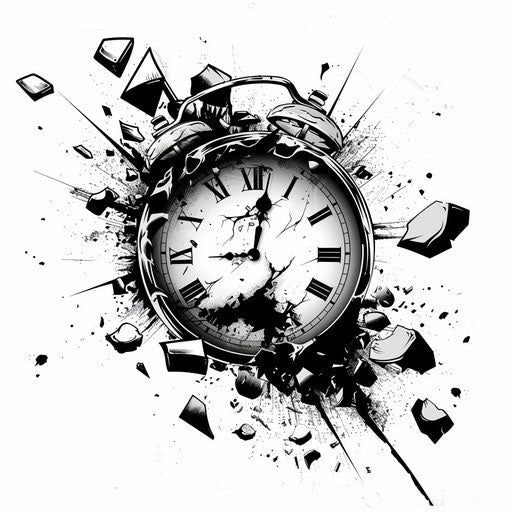 Sketch edgy clipart style flat tattoo of shattered clock face floating in dark void