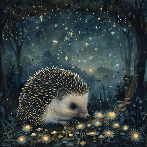 Mystical hedgehog under a canopy of stars