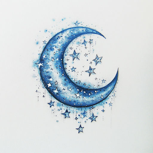 Flat tattoo sketch of crescent moon and stars for women