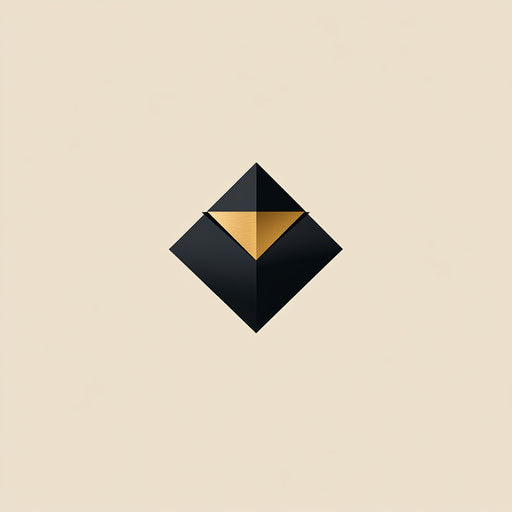 Elegant clothing logo with a unique angular fabric fold icon and refined serif typography, in a harmonious black and gold color palette, isolated on a flat beige background.