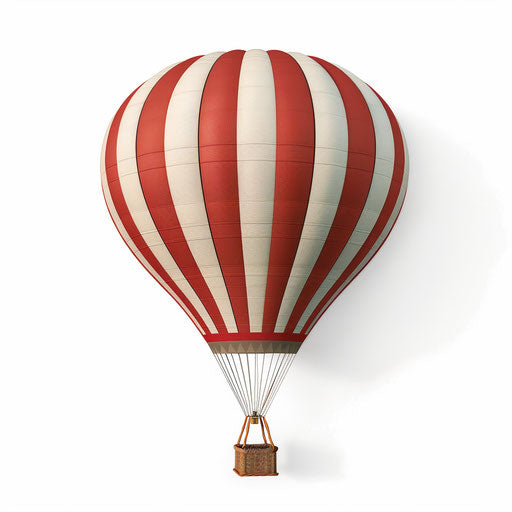 Photo realistic hot air balloon clipart on white background with detailed textures and shadows