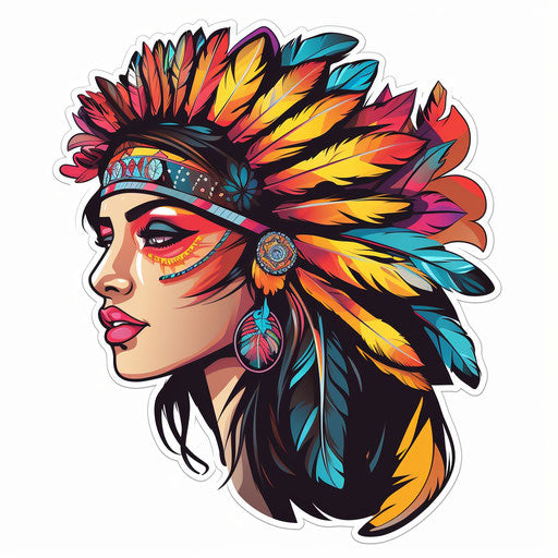 Indian feathered tattooed woman, pop art style, flower nature motifs, strong expression