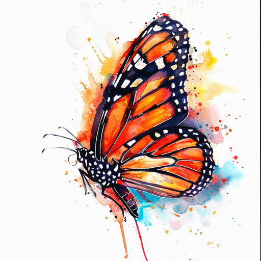 Watercolor style monarch butterfly, vivid and fluid, imagined as a tattoo stencil on a white backdrop.
