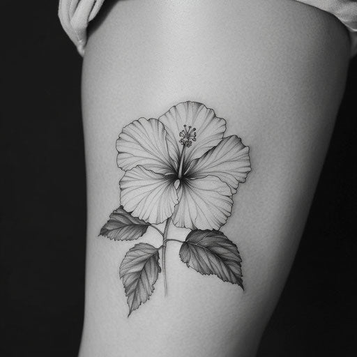 Hibiscus flower tattoo on Pure White Background in the style of Adrian Smith on a thigh