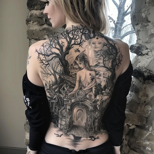 Fantasy back tattoos for women with fairies and enchanted forests
