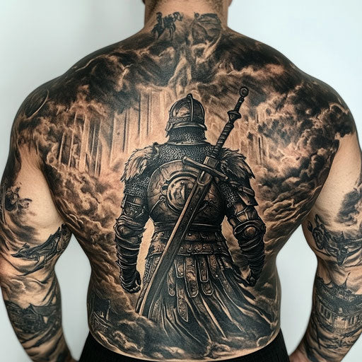 Back neck tattoo in David Palumbo style with lone warrior under stormy sky