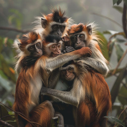 Pack of Zanzibar red colobus monkeys huddling for warmth on misty highland morning