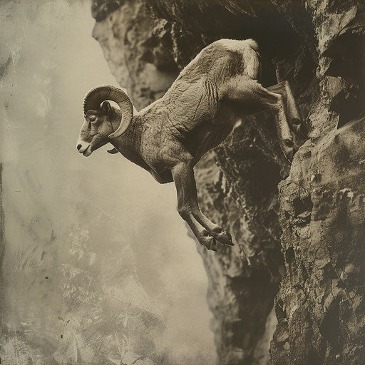 Bighorn sheep gracefully climbing a steep cliff