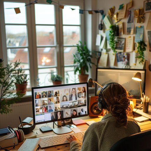 Virtual meeting with headphones in well-organized home office