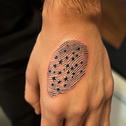 Fingerprint tattoo with minimalist star pattern