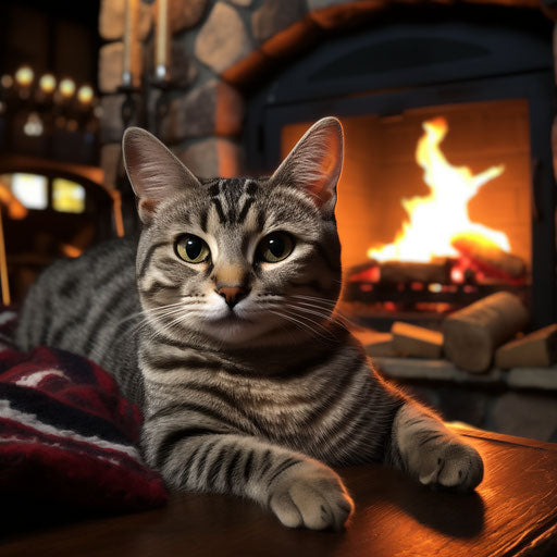 American shorthair cat in front of a fireplace fire