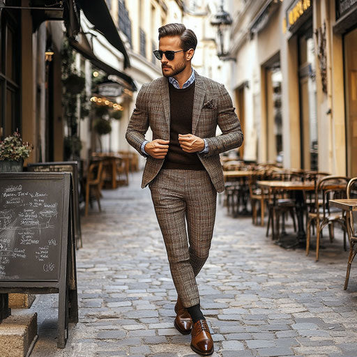Stylish man in plaid blazer at European café