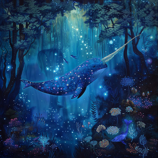 A narwhal embarks on a magical journey through bioluminescent underwater forests
