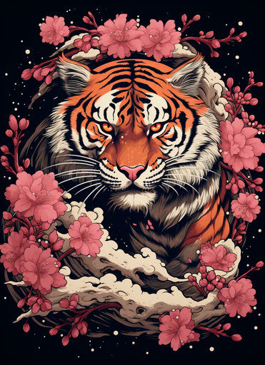 Taiji tiger with flowers in manga style, intense explosion