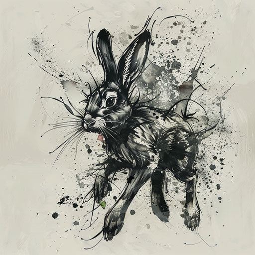 Dynamic flat tattoo sketch of a leaping black rabbit with abstract splash effects