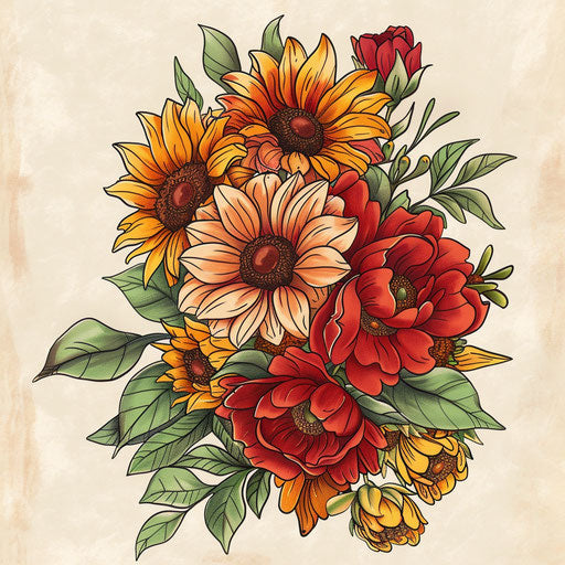 Dynamic sketch of birth flower bouquet with swirling marigolds and sunflowers