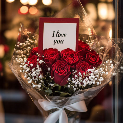 Bouquet of red roses with 'I love you' card in shop window